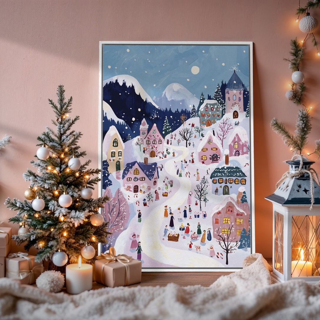 Framed Wall Art: Whimsical winter village scene in pastel hues. Perfect holiday decor! Canvas Print with blue, pink, and white color palette.