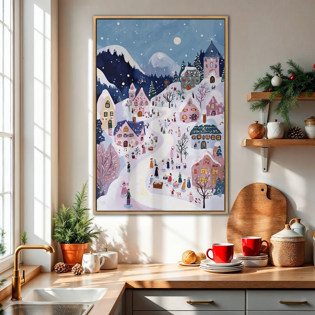 Framed Wall Art: Whimsical winter village scene in pastel hues. Charming canvas print with blue, pink, and white color palette. Perfect for cozy home decor.