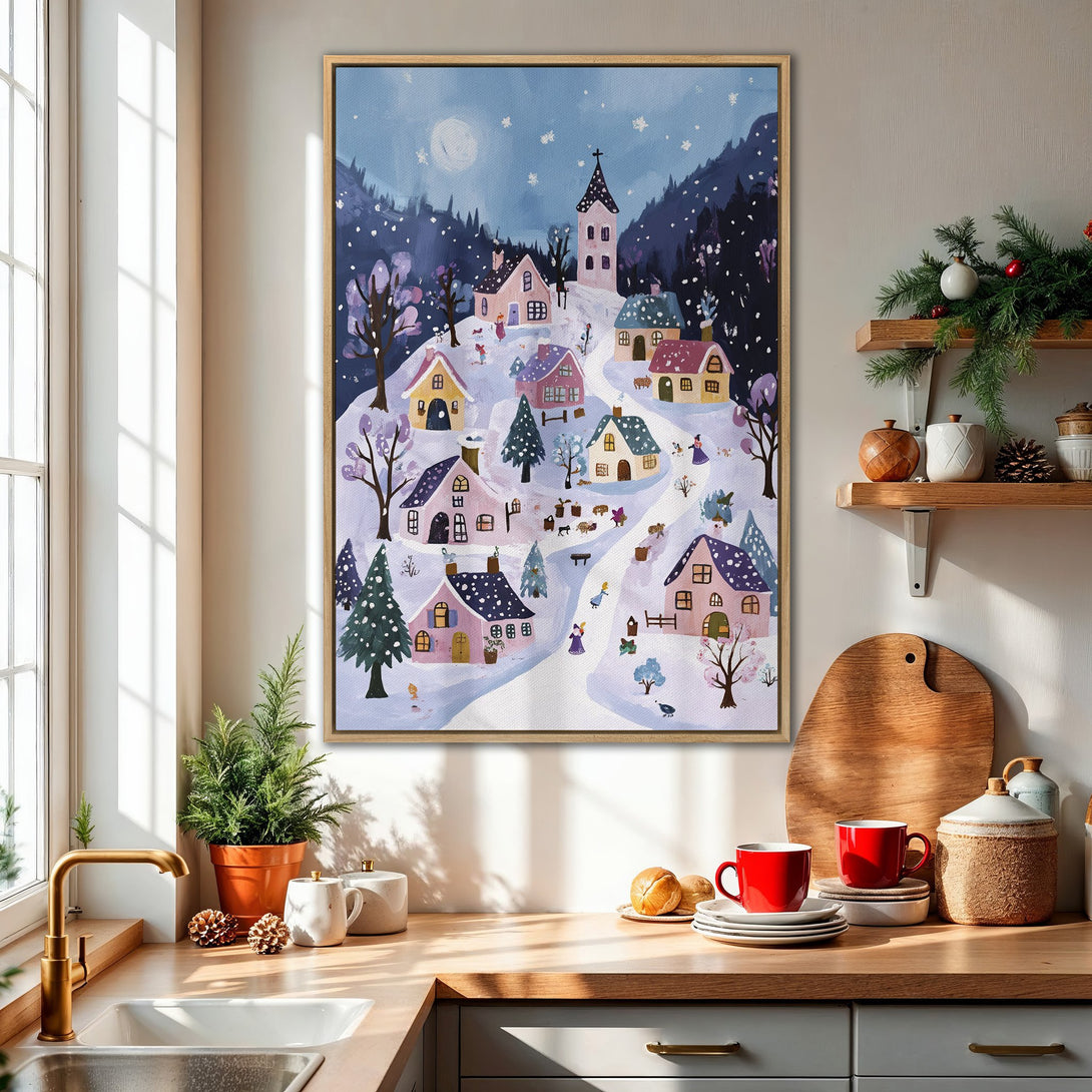 Framed Wall Art: Whimsical winter village scene in a cozy kitchen. Featuring a snowy landscape with pastel colors and a charming, illustrative style.