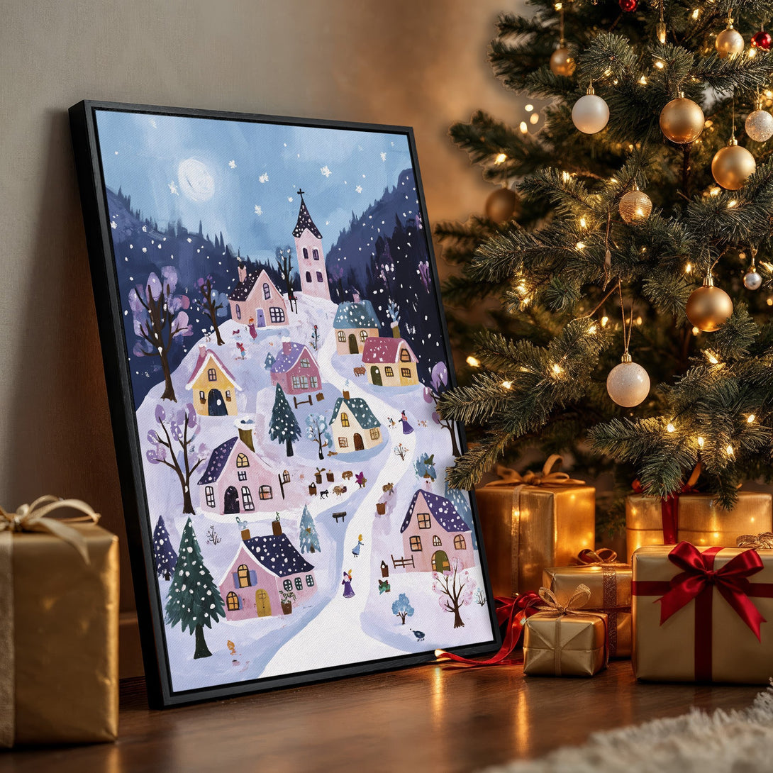 Framed Wall Art: Winter village scene in a whimsical style with a blue, purple, and pink color palette. Perfect for holiday decor!