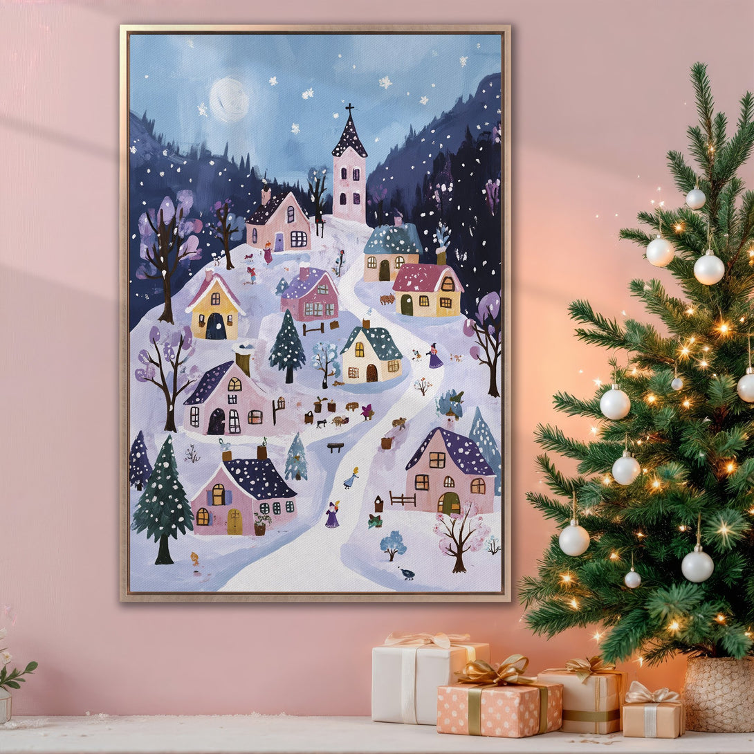 Framed Wall Art: Whimsical winter village scene in pastel blues, pinks, and yellows. Perfect for cozy holiday decor. Add charm to your home with this Canvas Print.