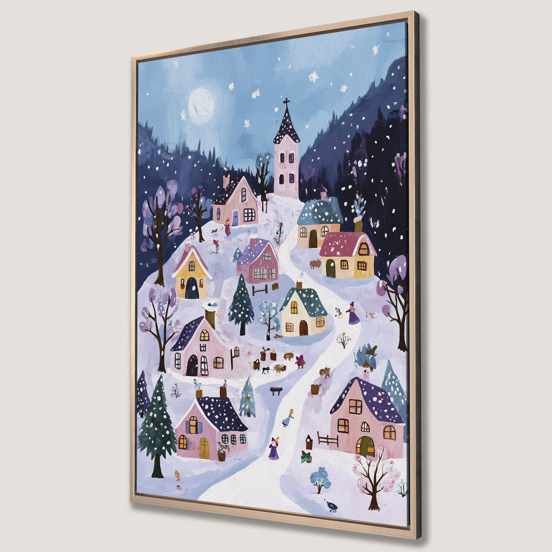 Framed Wall Art: Whimsical winter village scene in soft blues, pinks, and purples. Charming illustration style Canvas Print perfect for cozy decor.