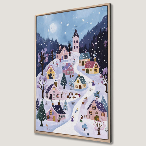 Framed Wall Art: Whimsical winter village scene in soft blues, pinks, and purples. Charming illustration style Canvas Print perfect for cozy decor.