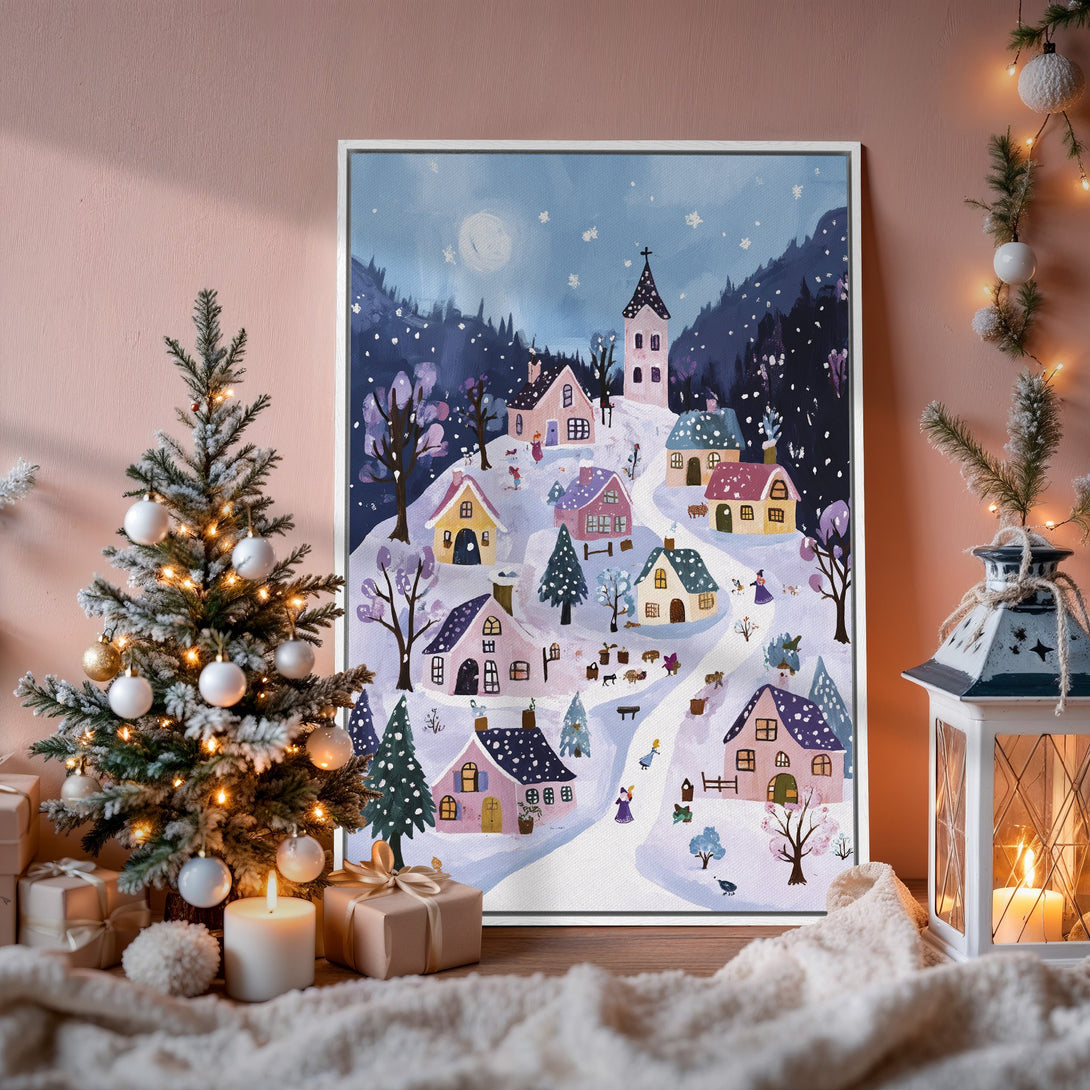 Framed Wall Art: Whimsical winter village scene in blue, pink, and purple. Perfect for cozy holiday decor. Canvas Print adds warmth to any space.