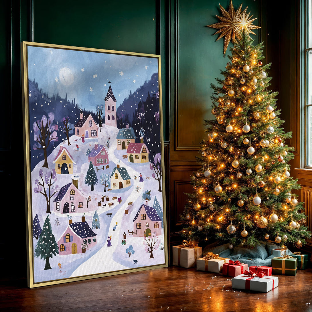 Canvas Print of a whimsical winter village scene in a soft, pastel color palette. Perfect wall art for a cozy, festive touch!