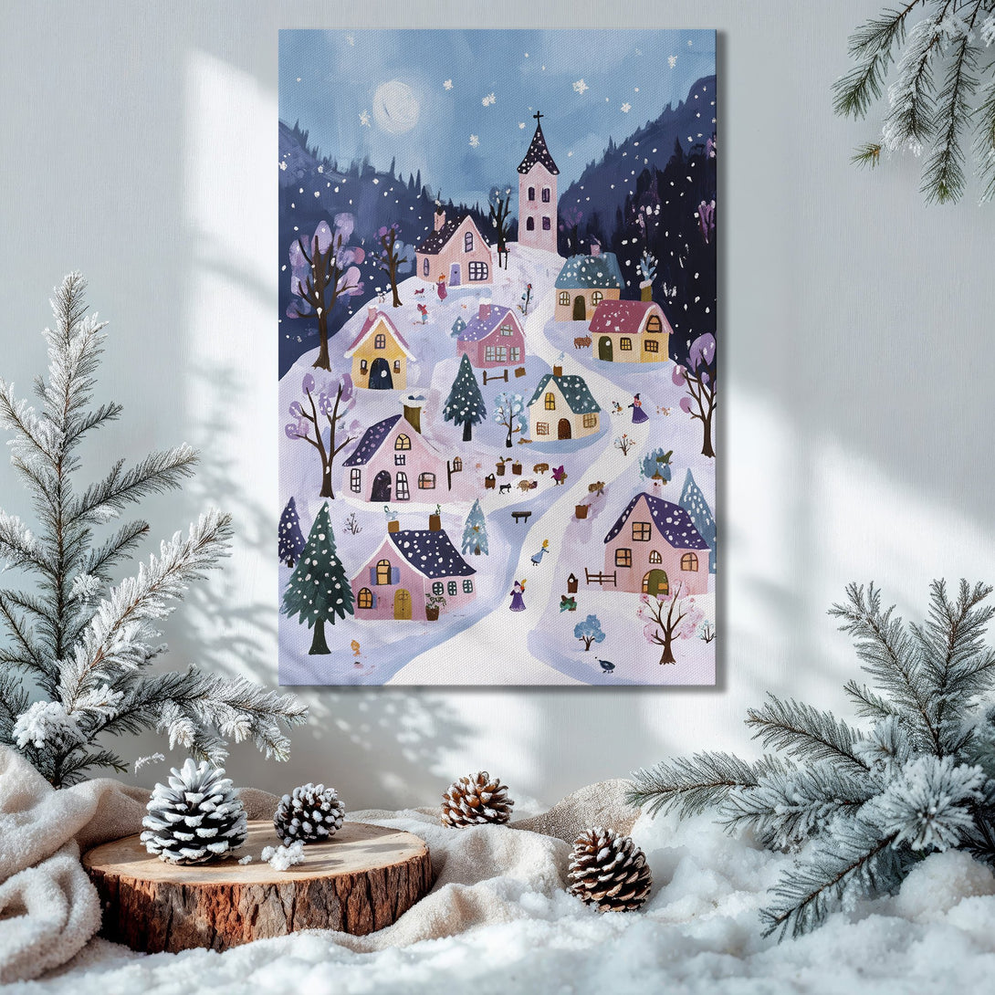 Framed Wall Art: Whimsical winter village scene with pastel pink and blue hues. Perfect holiday decor! Canvas Print adds cozy charm to any room.