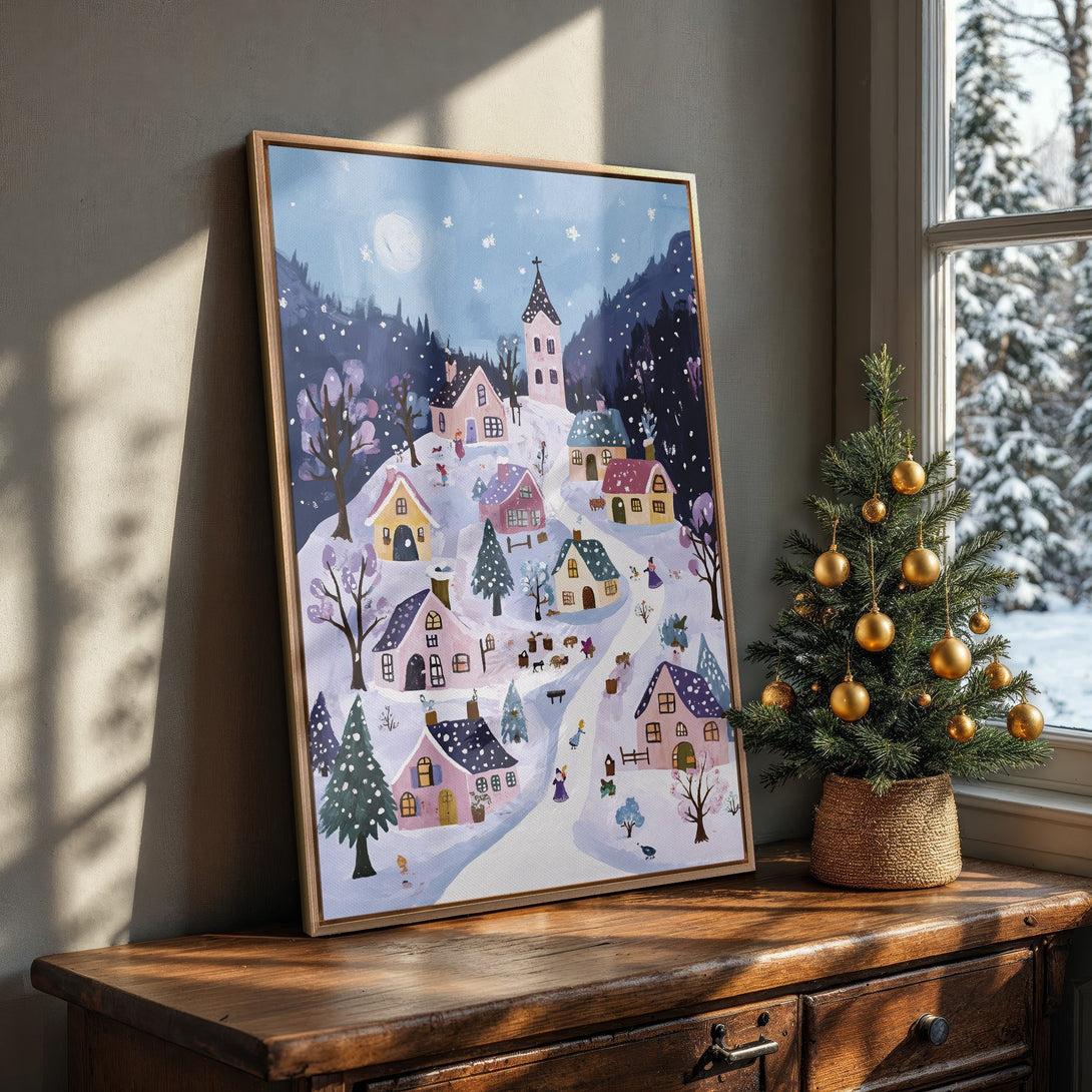 Framed Wall Art: Whimsical winter village scene in pastel colors. Perfect holiday decor! Canvas print features a snowy landscape and charming houses.