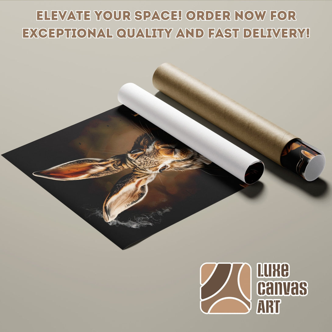 Poster Roll featuring a detailed hare portrait, warm brown and black palette. Elevate your space!