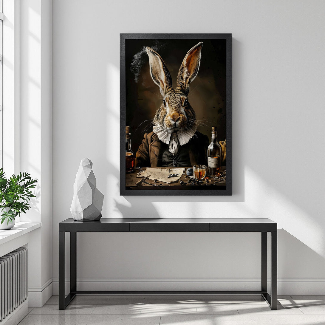 Framed Poster featuring a dapper rabbit. Rich brown and gold color palette, vintage style. Perfect wall art for your home!