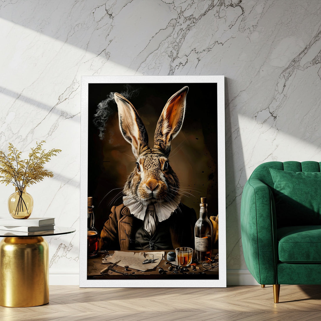 Framed Poster featuring a dapper rabbit with a vintage style, warm brown & gold tones. Perfect for adding character to your space!