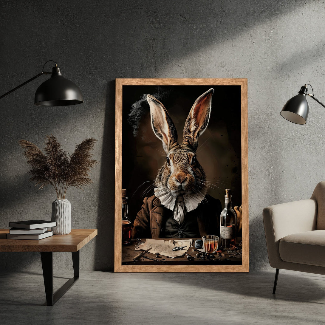 Framed Poster of a dapper rabbit smoking a cigar. Dark, moody art print in brown tones. Perfect wall decor!