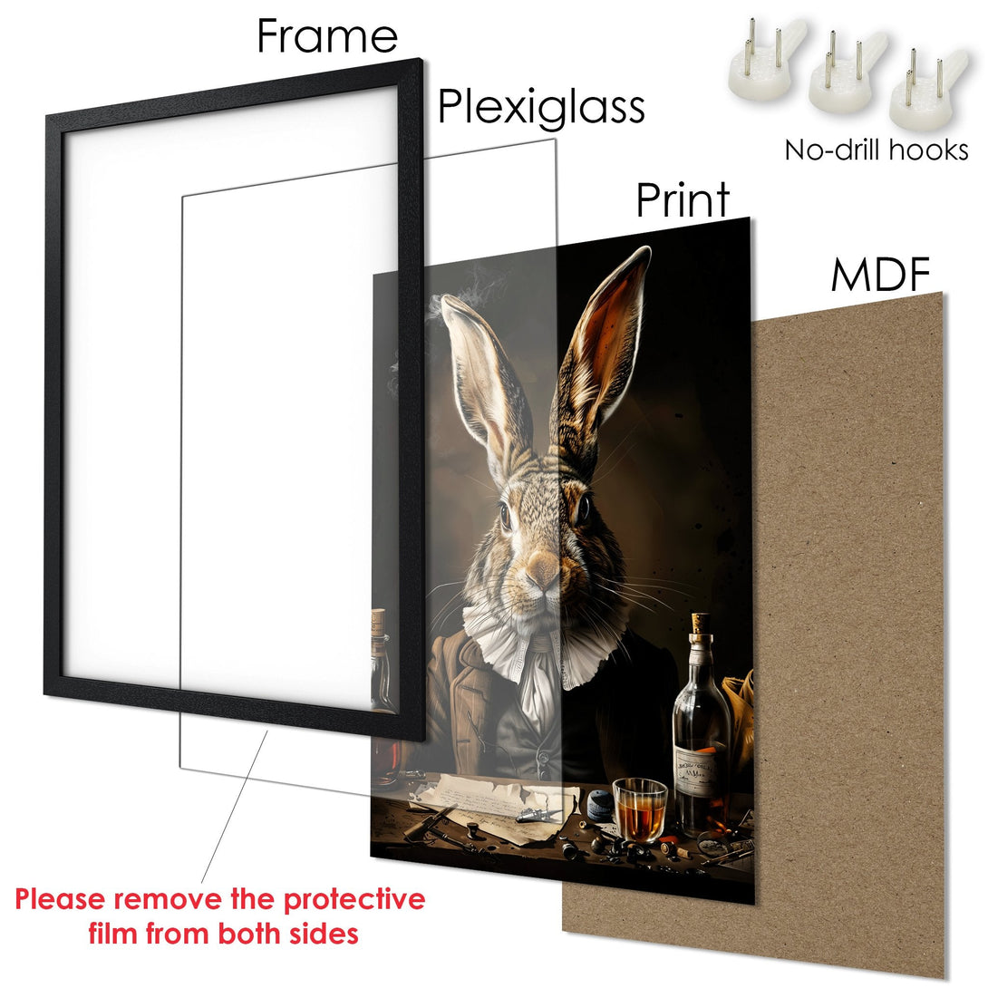 Framed Poster featuring a dapper rabbit in a vintage style, rich brown tones. Perfect wall art!