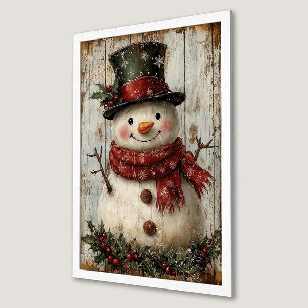 Framed Poster of a charming snowman with red scarf and top hat, rustic style, winter holiday decor, neutral and red color palette.