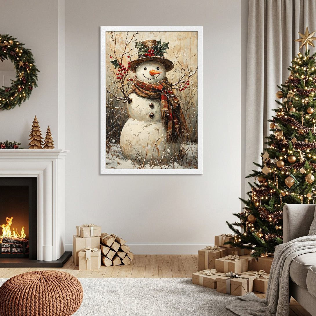 Framed Poster featuring a charming snowman in a winter scene. Rustic style, warm color palette. Perfect Christmas decor!