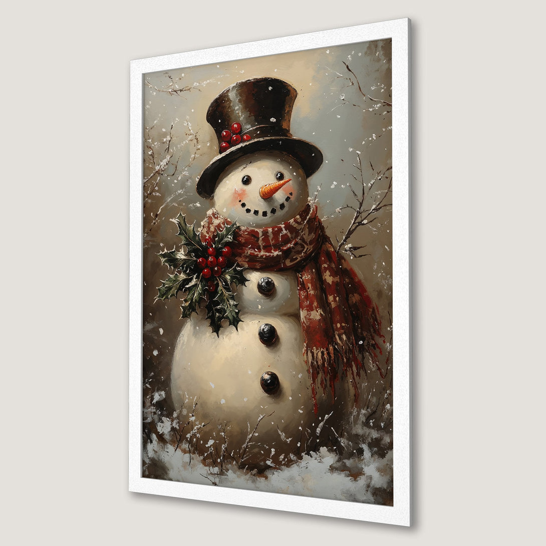 Framed Poster featuring a charming snowman in a vintage style, with a warm, earthy color palette, perfect for holiday decor.
