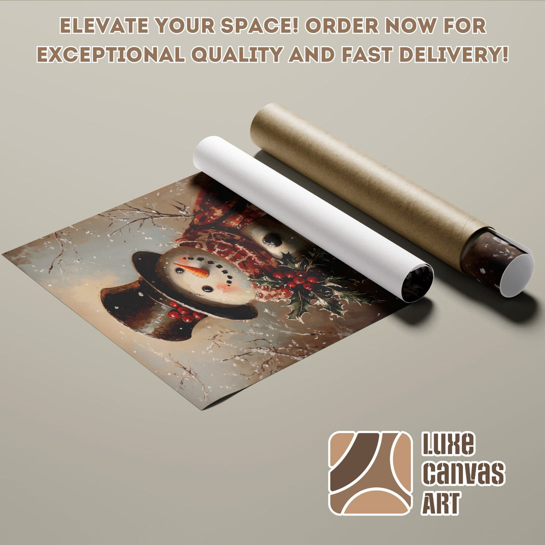 Poster Roll featuring a snowman in a vintage style, with a warm, neutral color palette. Order now!