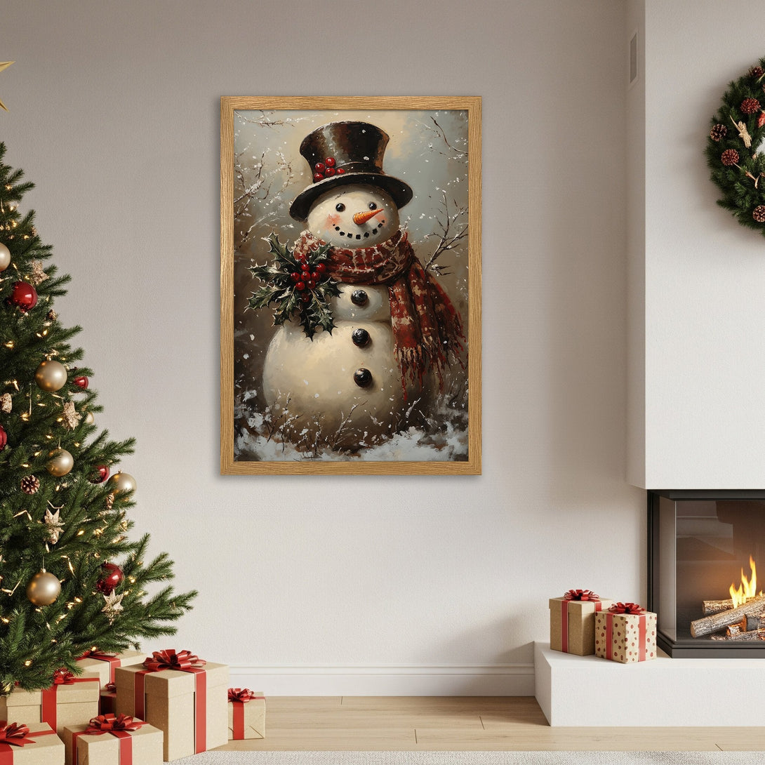 Framed Poster featuring a charming snowman in a vintage style, with a warm, festive color palette. Perfect Christmas decor!