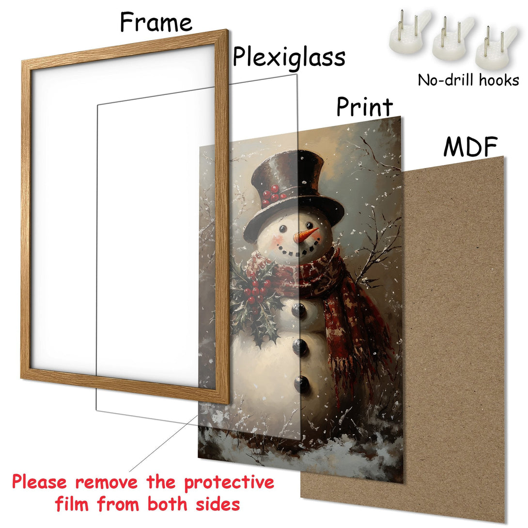 Framed Poster featuring a charming snowman in a winter scene. Rustic style with a warm, neutral color palette. Perfect holiday decor!
