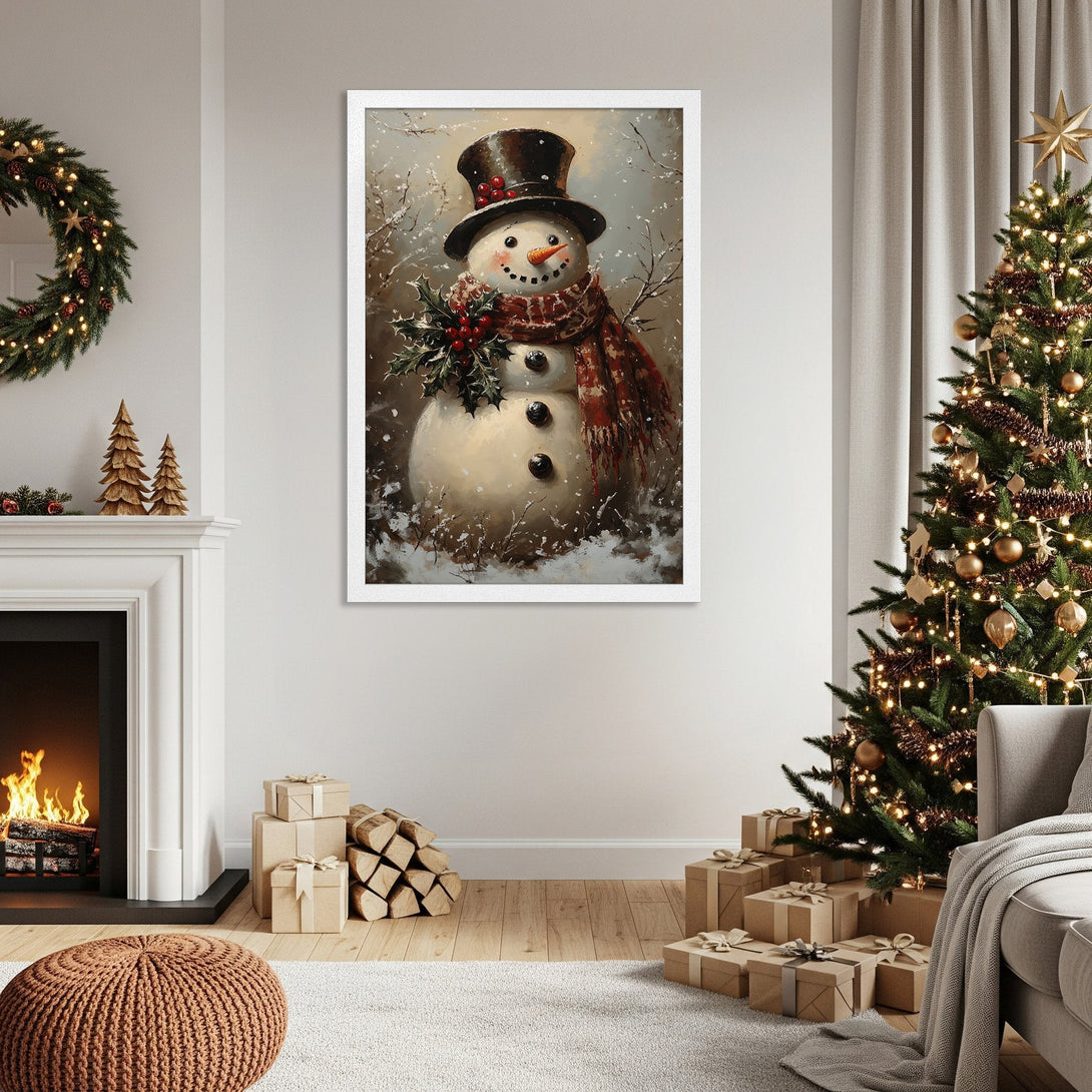 Framed Poster featuring a charming snowman in a vintage style, perfect for Christmas decor. Warm color palette.