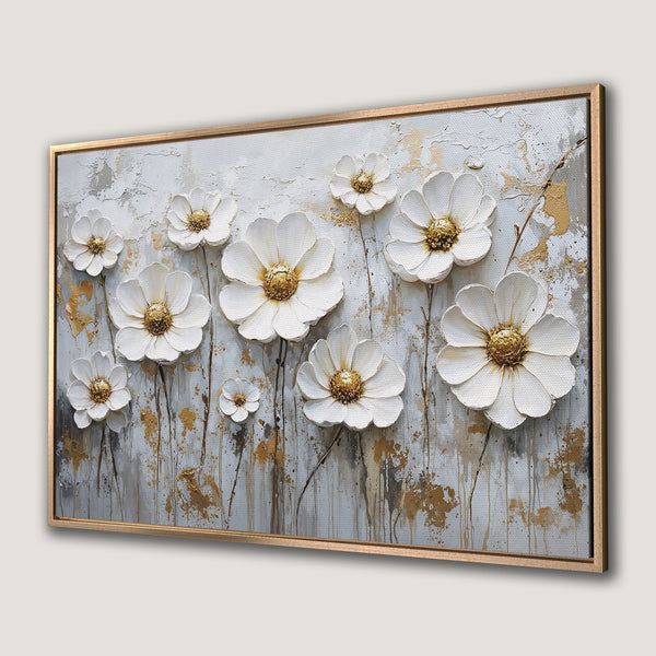 Framed Wall Art: Textured white flower canvas print with gold accents. Modern floral art with a neutral color palette for elegant home decor.
