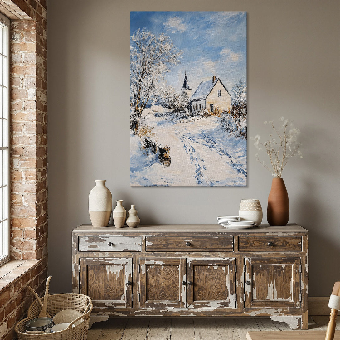 Framed Wall Art: Winter landscape canvas print with a snowy scene, featuring a house and trees in a blue and white color palette. Perfect for home decor!