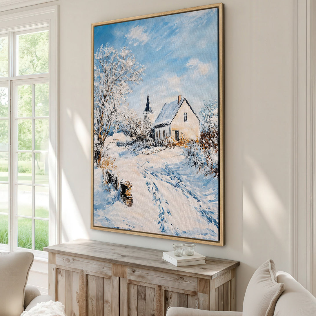 Framed Wall Art: Winter landscape Canvas Print in cool blue and white tones. Adds a cozy, rustic touch to any home decor.
