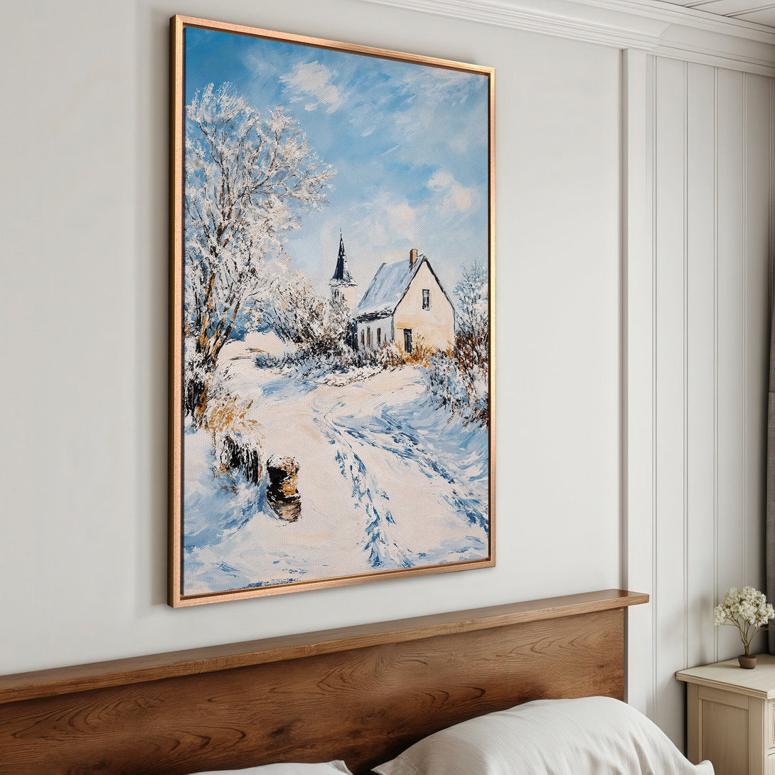 Framed Wall Art: Winter landscape Canvas Print in cool blue and white tones. Perfect for adding a touch of serene beauty to your home decor.
