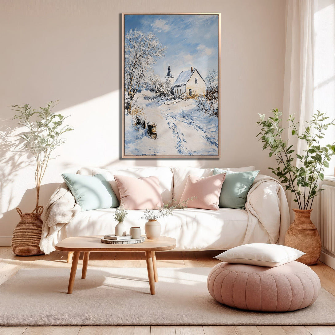 Framed Wall Art: Winter landscape canvas print with a cozy, neutral interior. Features a snowy scene with blue, white, and brown hues. Perfect for home decor!