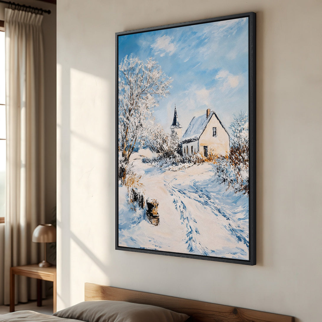 Framed Wall Art: Winter landscape scene in blue and white. Cozy artwork of a snowy road leading to a house. Perfect for adding warmth to your home.