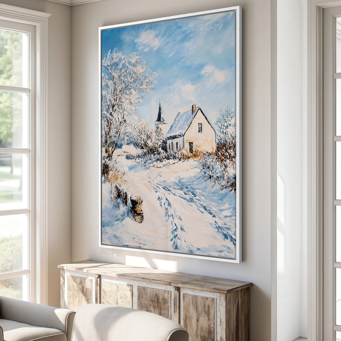 Framed Wall Art: Winter landscape painting in blue, white, and beige. Cozy cottage scene in impressionist style. Perfect for adding warmth to your home.