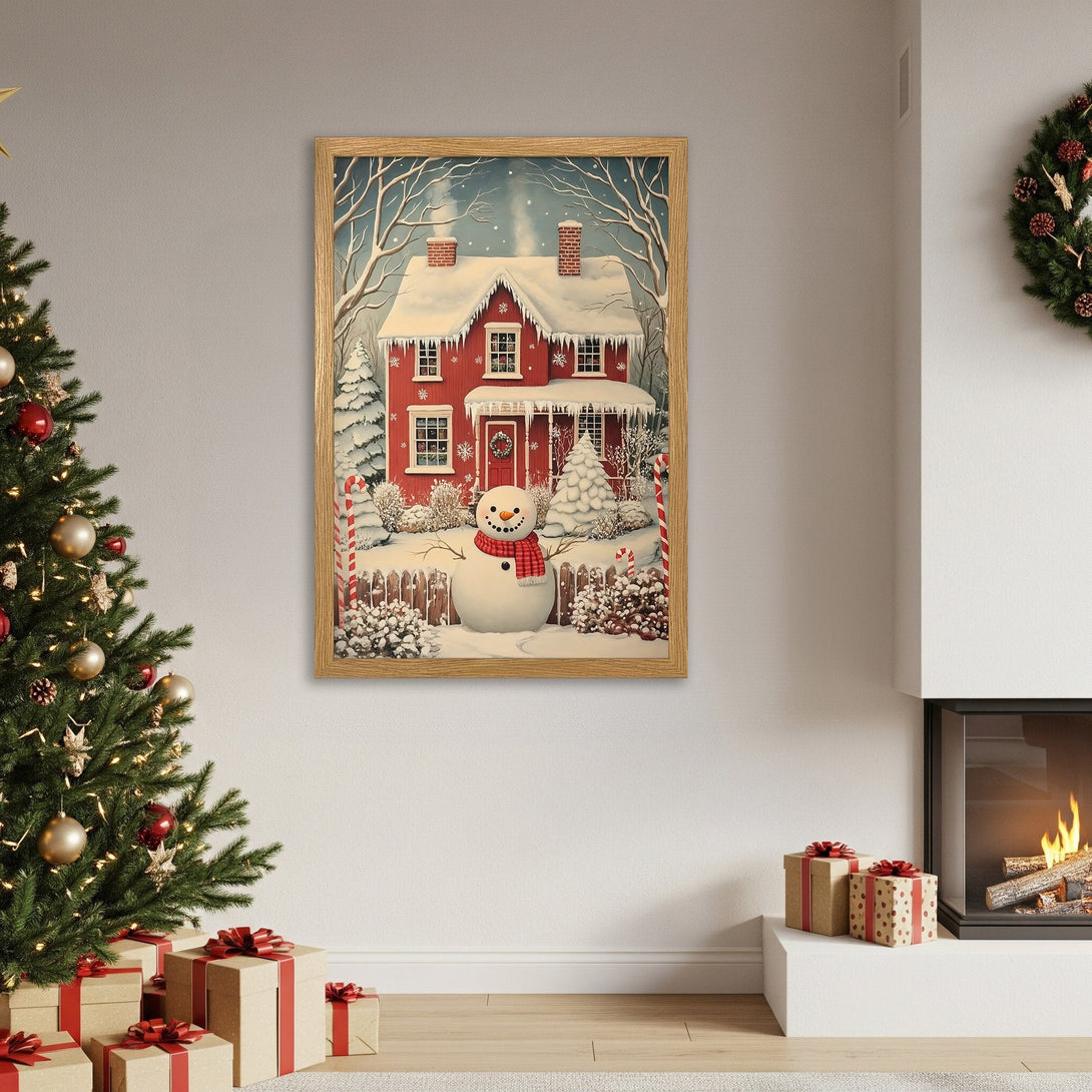 Framed Poster featuring a cozy winter scene with a red house and snowman, soft illustration style, warm red and white palette.