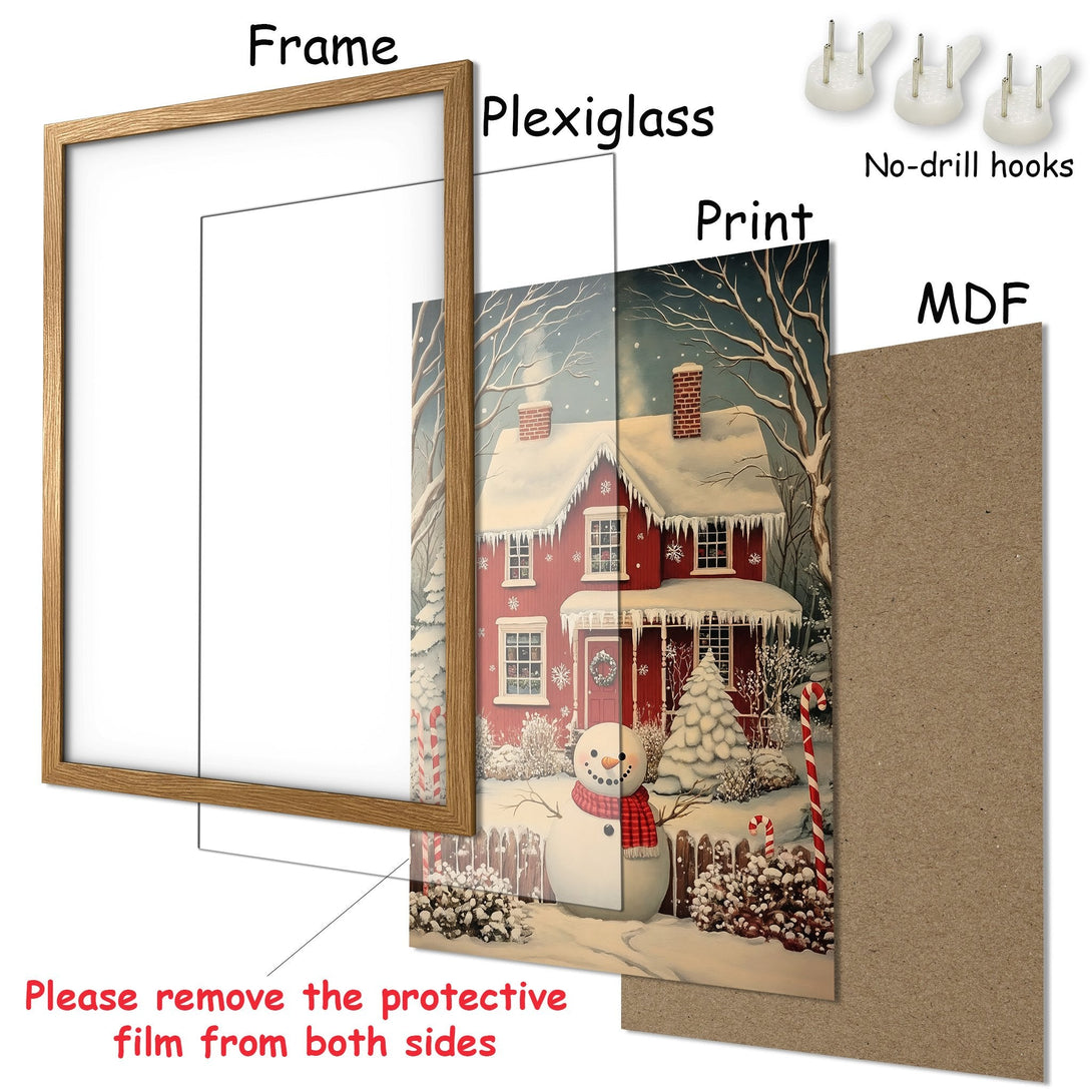 Framed Poster featuring a charming winter scene with a red house and snowman. Rustic style, warm red and cool blue color palette. Perfect holiday decor!