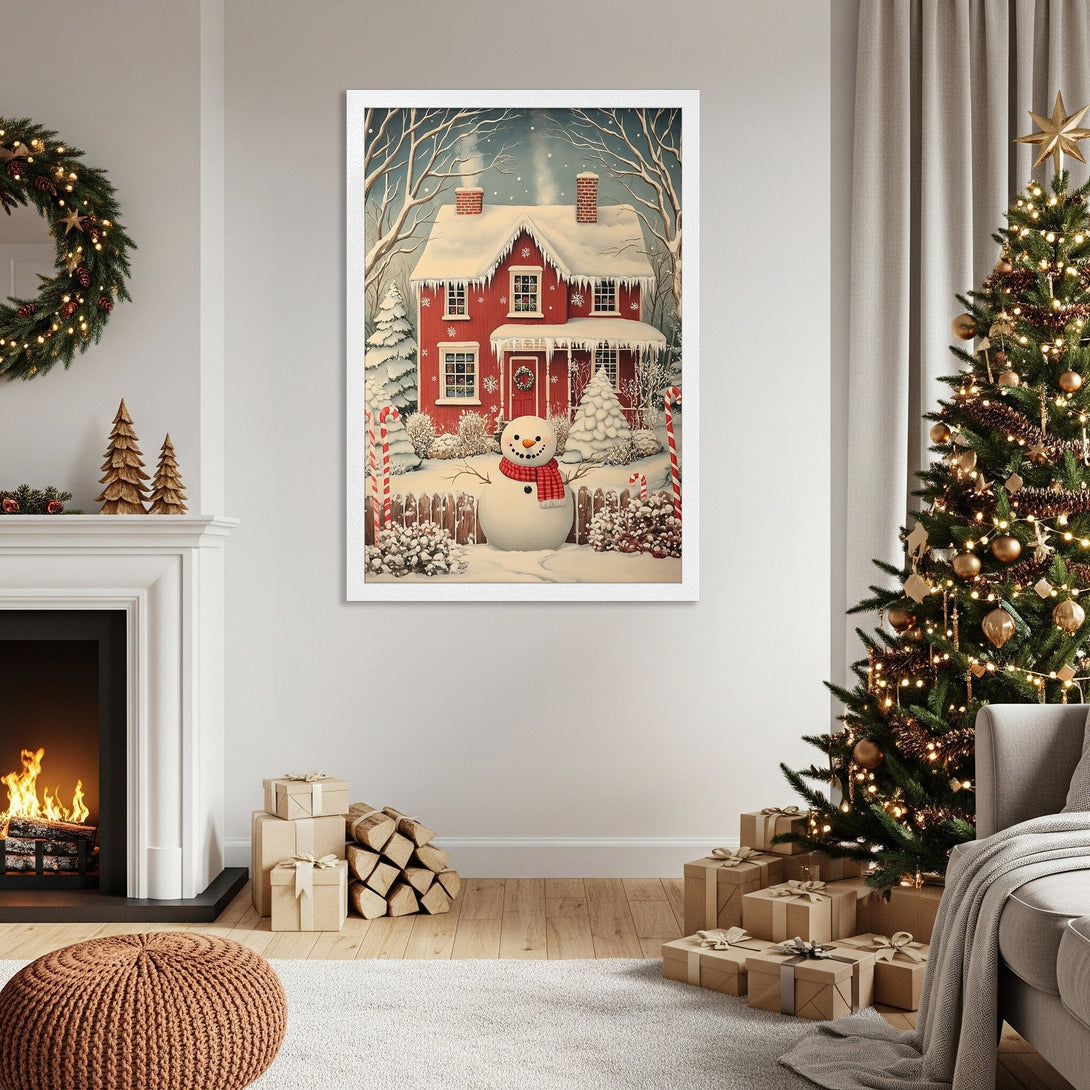 Framed Poster featuring a charming winter scene with a red house and snowman. Cozy style, snowy blue and red palette. Perfect holiday decor!