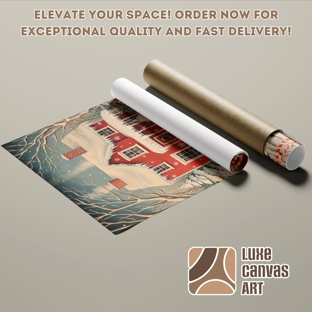 Winter scene poster roll. Cozy cabin art in red, blue, and brown tones. Elevate your space!