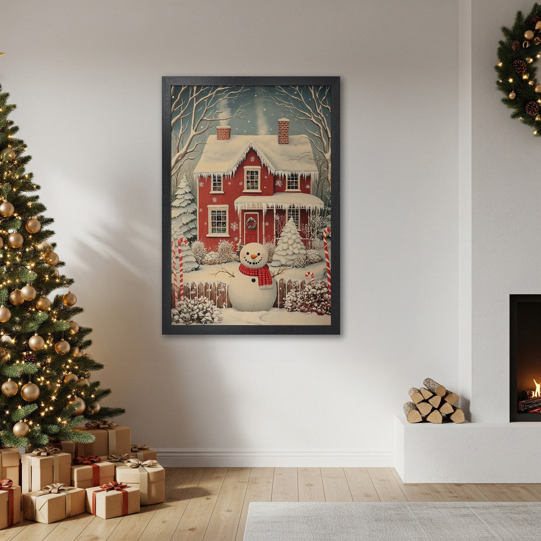 Framed Poster featuring a cozy winter scene with a red house and snowman. Charming illustration style, warm red and cool blue color palette. Perfect holiday decor!