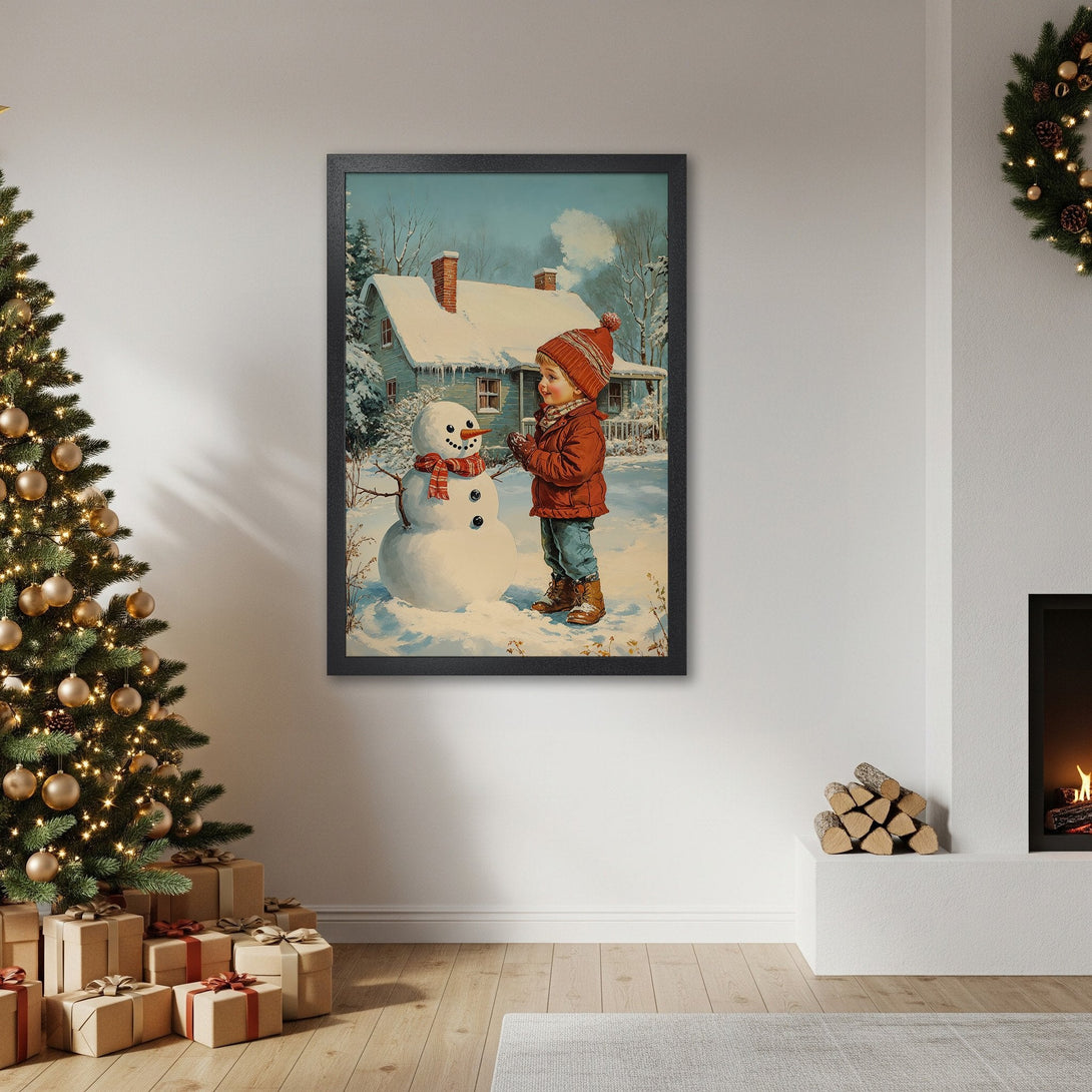 Framed Poster of a child building a snowman in a vintage style, winter scene with a cozy, warm color palette. Perfect Christmas decor!