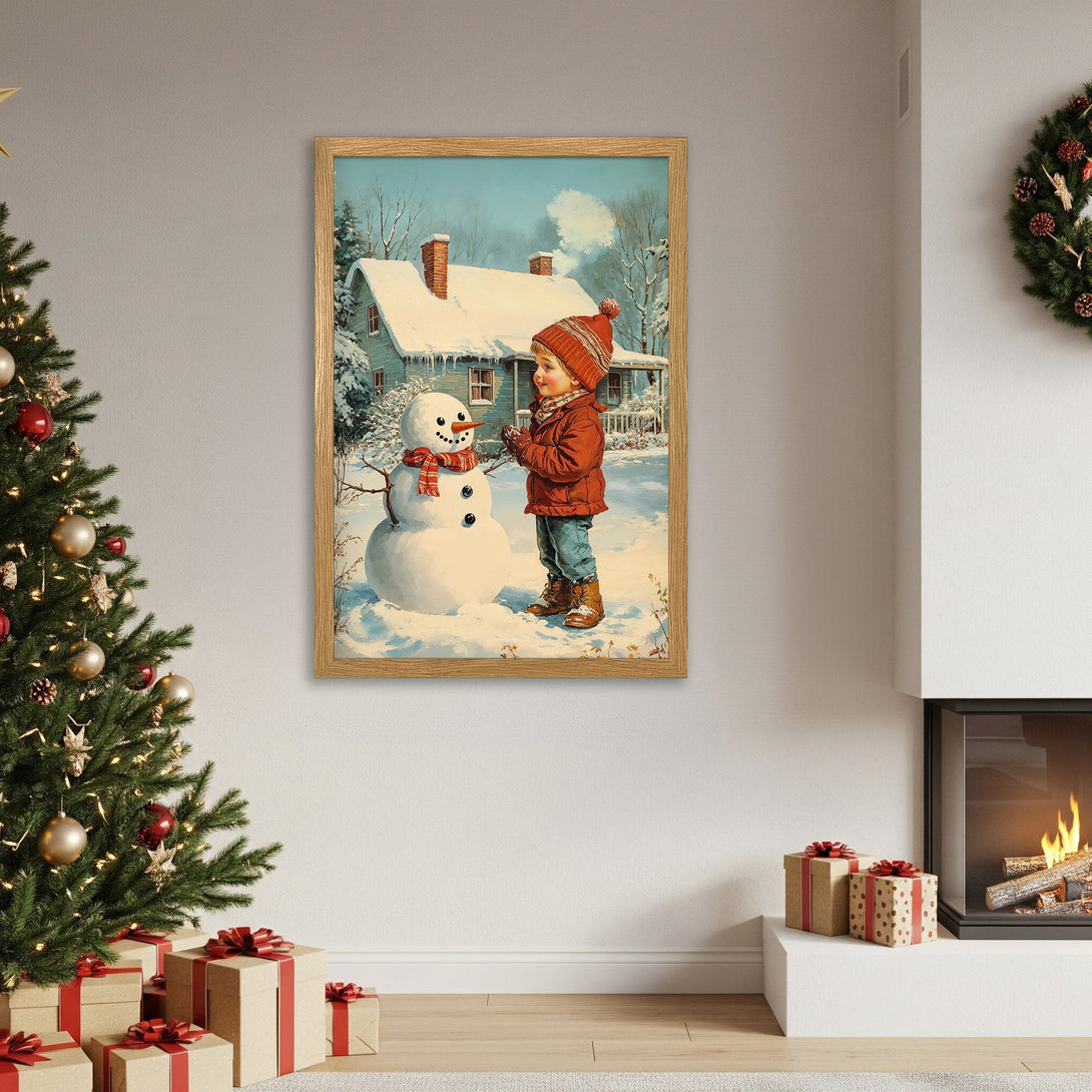 Framed Poster of a child building a snowman, vintage style, cozy winter scene with a blue, red, and white color palette.