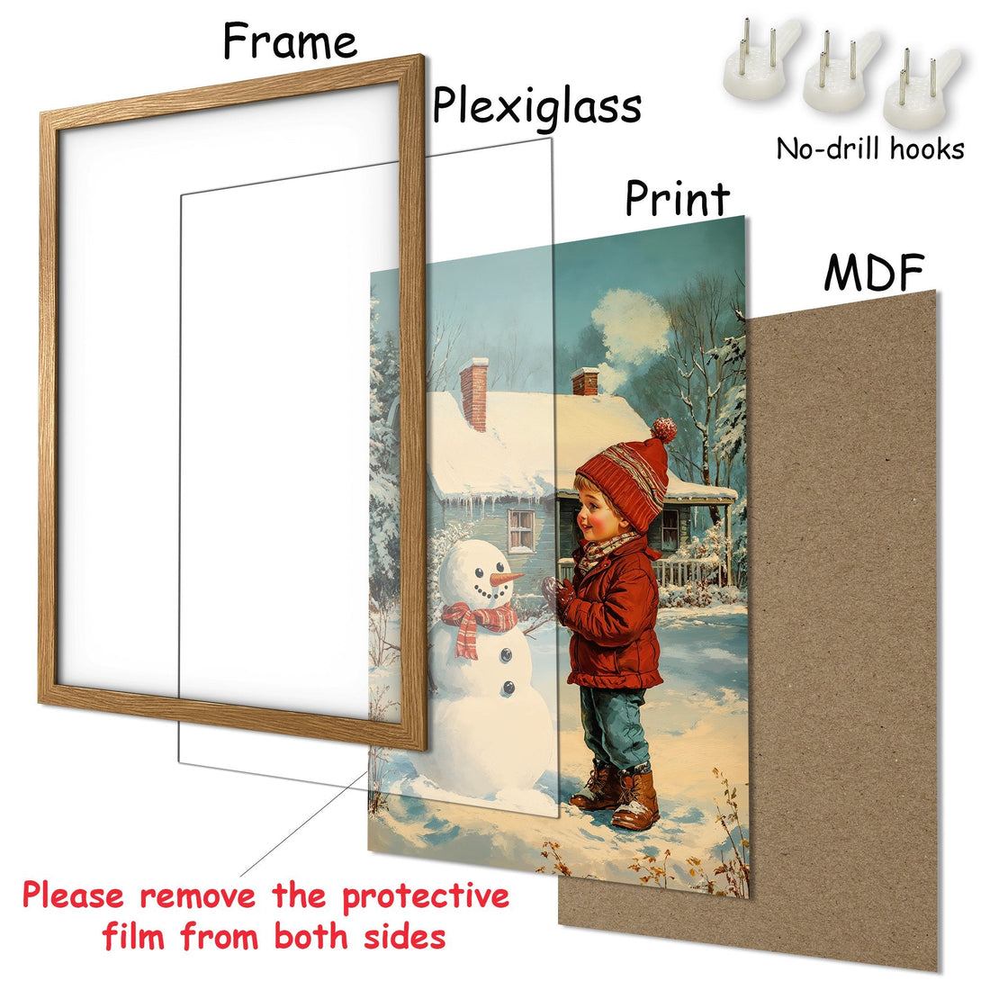 Framed Poster featuring a winter scene with a child and snowman. Warm color palette. Perfect holiday decor!