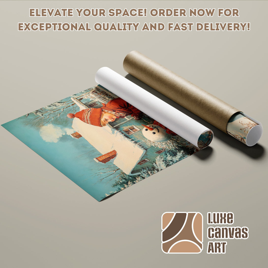 Poster Roll featuring a vintage winter scene in blue and red tones. Perfect for holiday decor!