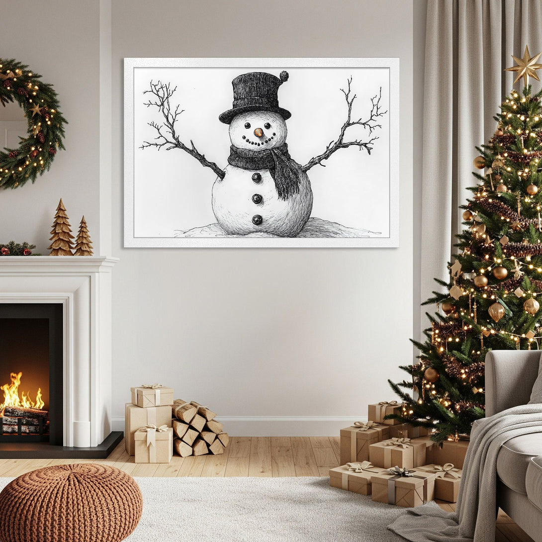 Framed Poster of a whimsical snowman illustration. Black and white sketch style with a festive holiday theme, perfect for Christmas decor.