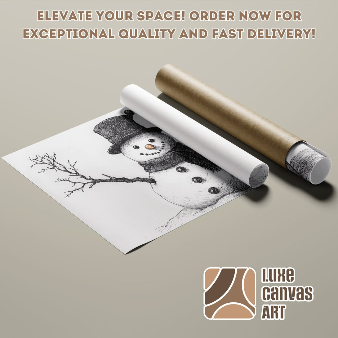 Snowman art Poster Roll, black & white sketch, neutral color palette. Order now!