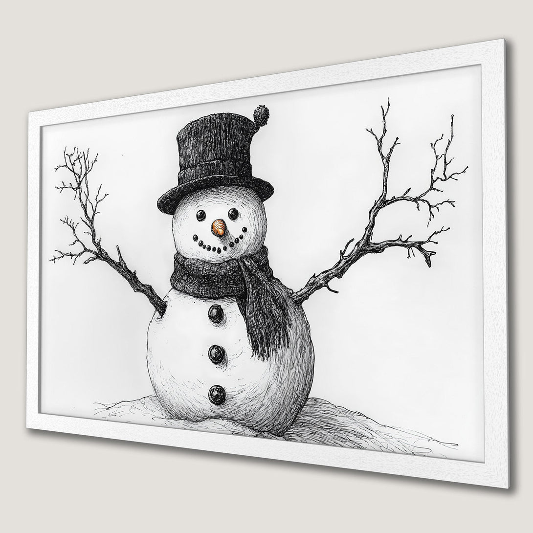 Framed Poster featuring a whimsical snowman illustration in black and white. Perfect winter decor!