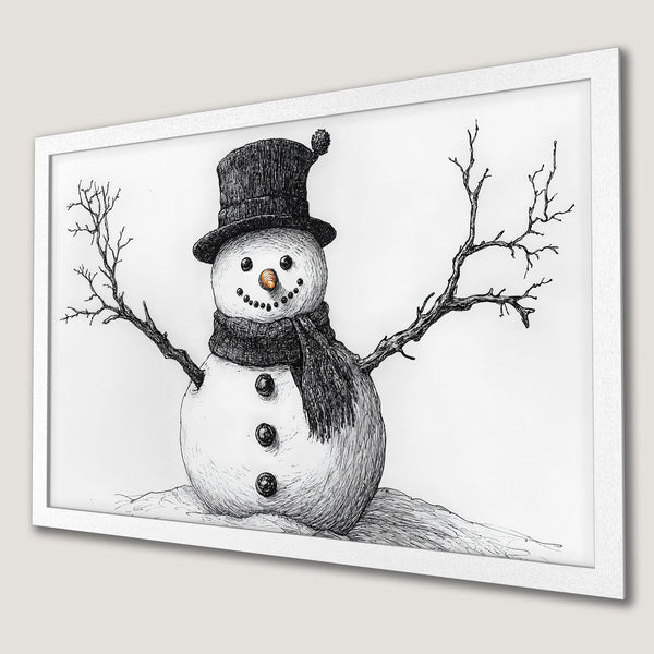 Framed Poster featuring a whimsical snowman illustration in black and white. Perfect winter decor!
