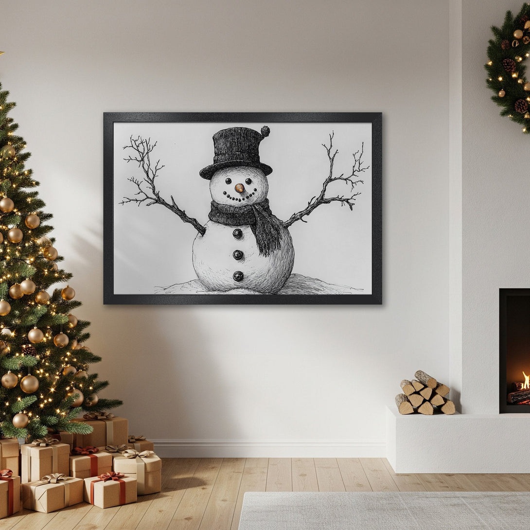 Framed Poster featuring a whimsical snowman illustration in black and white, perfect for holiday decor.