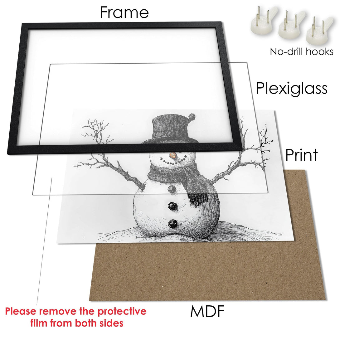 Framed Poster of a whimsical snowman sketch in black and white, ready to decorate your home!