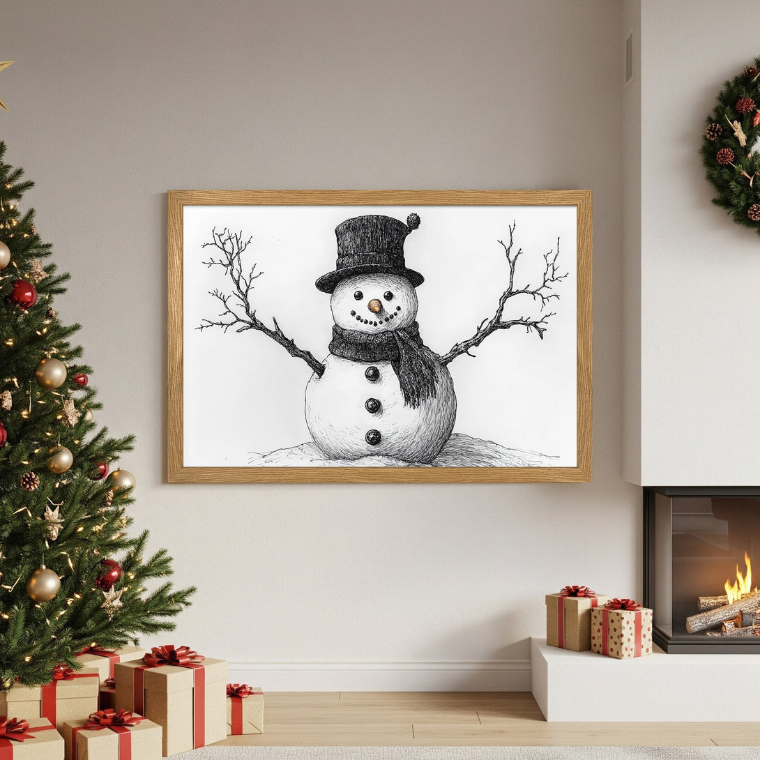 Framed Poster featuring a whimsical snowman illustration in black and white, perfect for holiday decor.