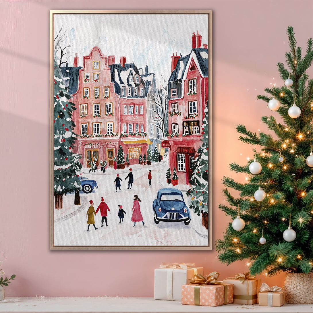 Framed Wall Art: Watercolor winter street scene in pink, red, and blue. Perfect holiday decor for a cozy home. Shop now!