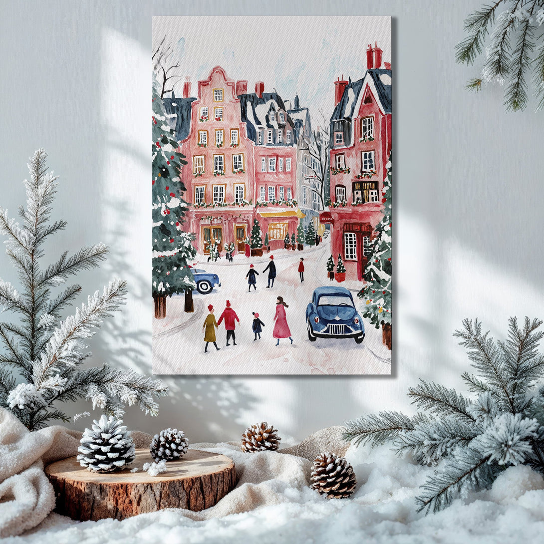 Framed Wall Art: Watercolor winter scene with pink buildings, people, and blue car. Festive decor in a warm, inviting interior.