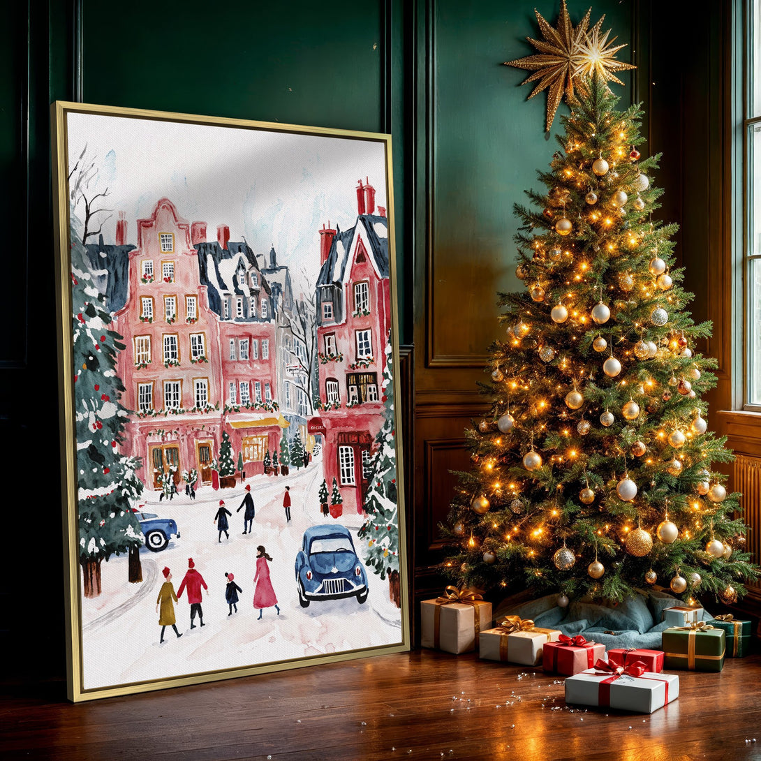 Canvas Print of a charming watercolor winter scene. Features a snowy street with pink buildings, blue cars, and figures. Festive wall art with a warm color palette.