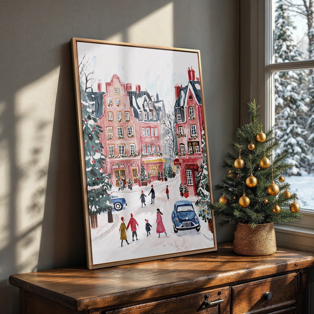 Framed Wall Art: Watercolor winter street scene in pink & blue. Cozy & festive. Perfect for holiday decor!